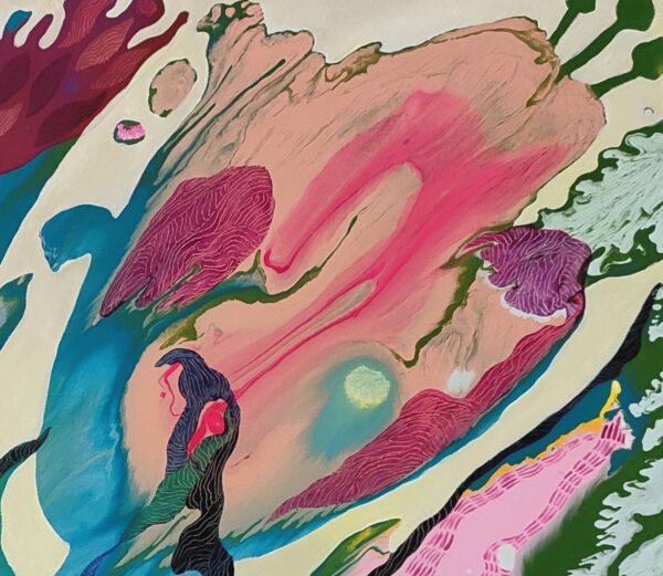 Wind Flow Flower Detail — Painting by Yelena Revis Wind Flow painting detail by Yelena Revis featuring soft peach, vibrant pink, and intricate contoured textures.