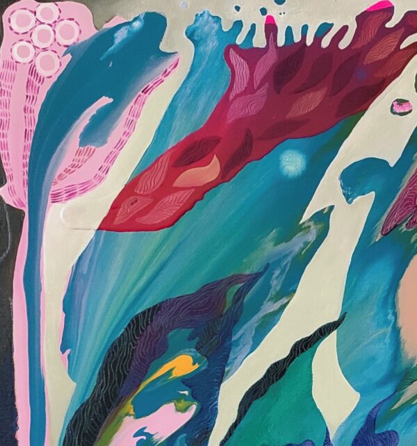 Wind Flow Floral Detail — Painting by Yelena Revis Wind Flow painting detail by Yelena Revis showing stylized floral motifs, rich magenta, and intricate line textures.