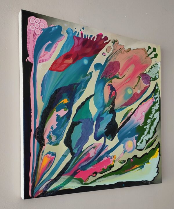 Wind Flow Canvas Side View — Painting by Yelena Revis Wind Flow abstract painting by Yelena Revis side view showing stretched canvas profile and gallery edges.
