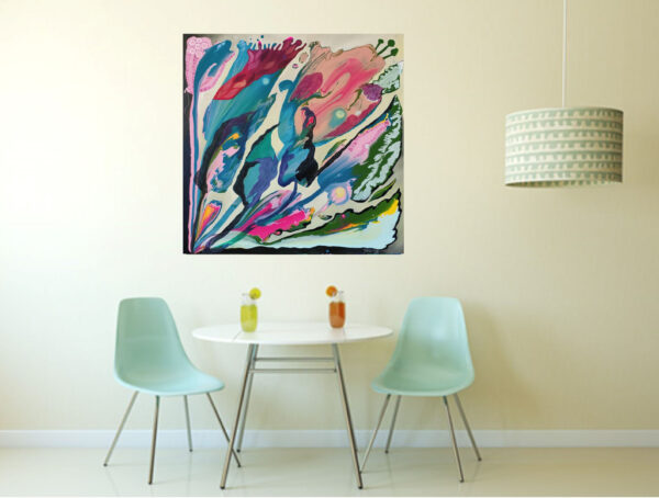 Wind Flow Interior View — Painting by Yelena Revis Wind Flow painting by Yelena Revis styled on wall above a round dining table with mint green chairs.