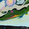 Wind Flow Signature Detail — Yelena Revis Close-up signature detail of Wind Flow abstract painting by Yelena Revis against vibrant green and pink layers.