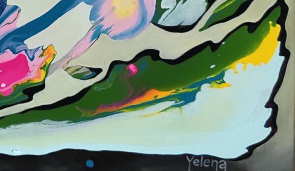 Wind Flow Signature Detail — Yelena Revis Close-up signature detail of Wind Flow abstract painting by Yelena Revis against vibrant green and pink layers.